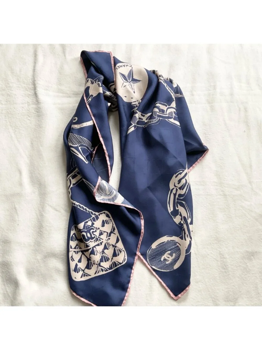 Chanel silk square blue beige scarf 89 by 90 cm purse perfume heel bracelet logo